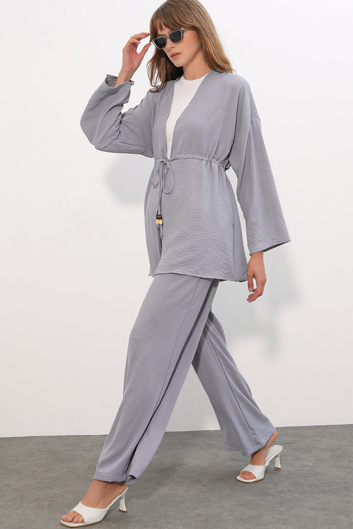 BGD Women Kadın Ayrobin Kimono Pantolon İkili Takım 30101 - Gri - Sevilla