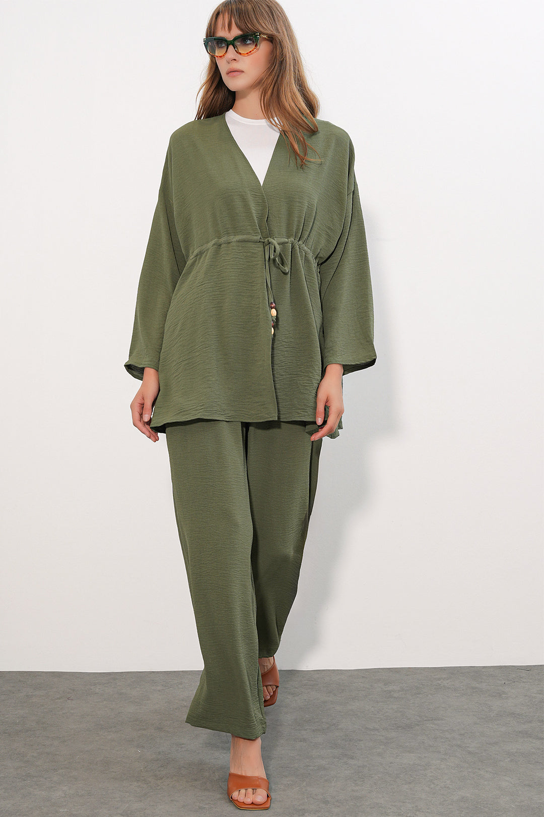 BGD Women Kadın Ayrobin Kimono Pantolon İkili Takım 30101 - Haki - Georgetown
