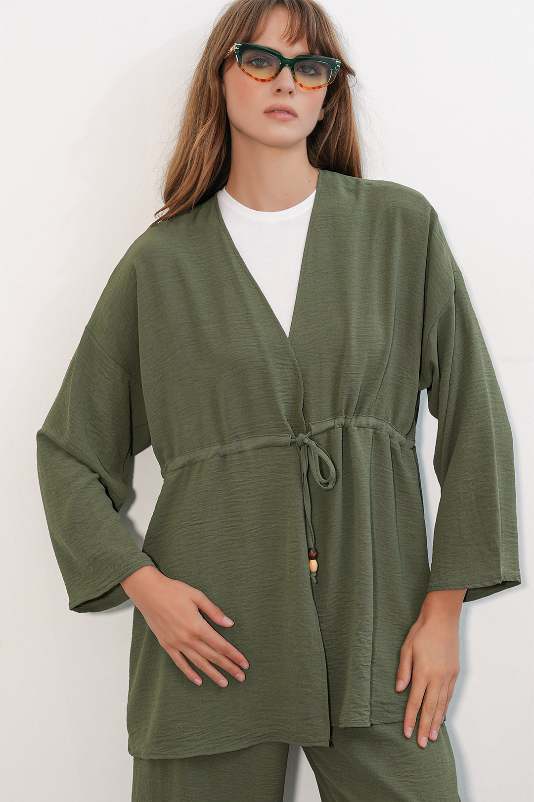 BGD Women Kadın Ayrobin Kimono Pantolon İkili Takım 30101 - Haki - Georgetown