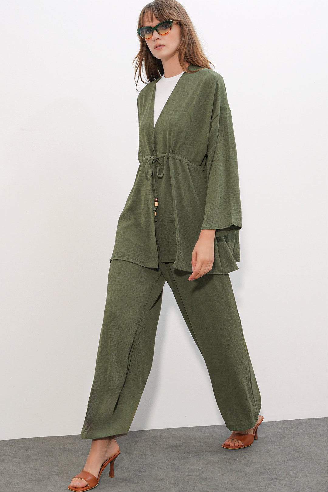 BGD Women Kadın Ayrobin Kimono Pantolon İkili Takım 30101 - Haki - Georgetown