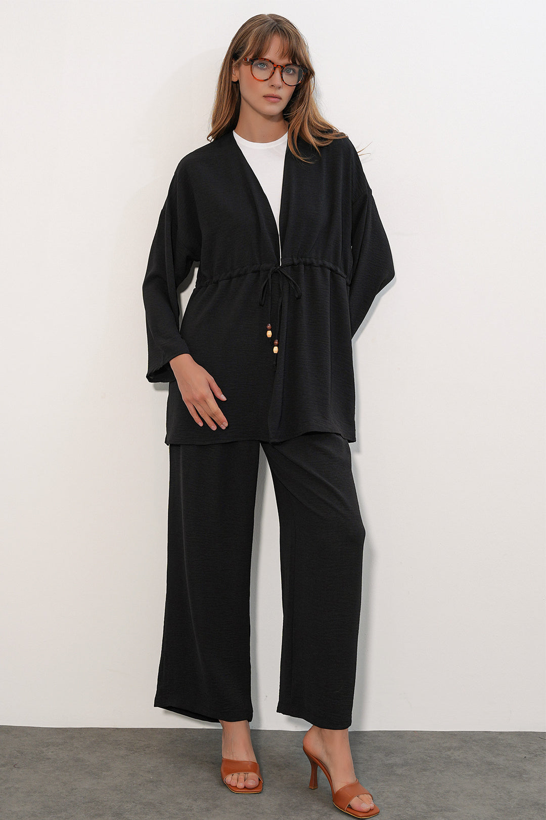 BGD Women Kadın Ayrobin Kimono Pantolon İkili Takım 30101 - Siyah - Lynn