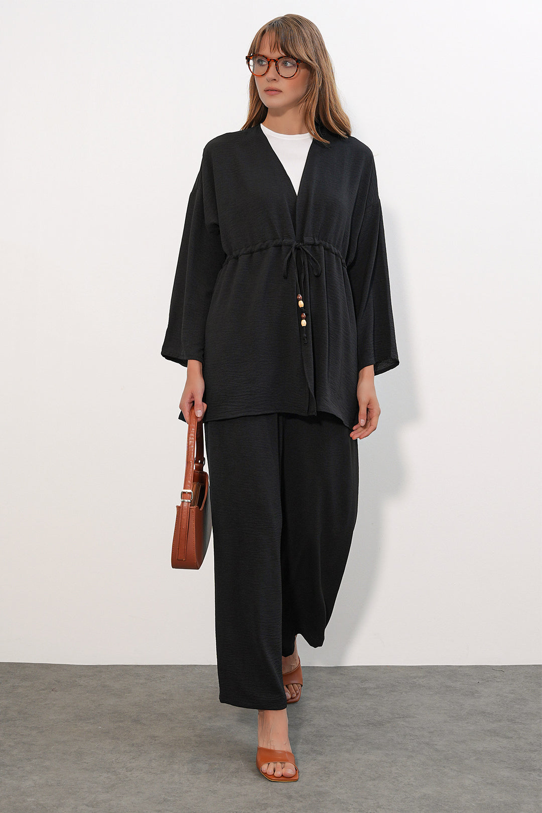 BGD Women Kadın Ayrobin Kimono Pantolon İkili Takım 30101 - Siyah - Lynn