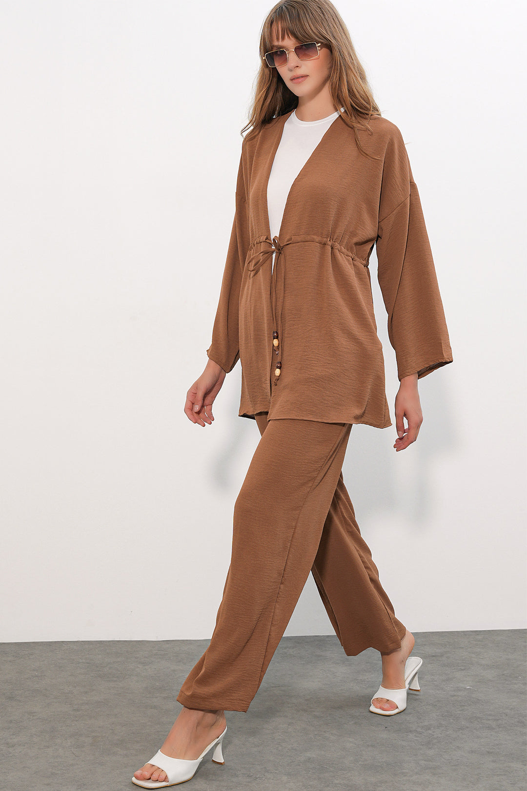 BGD Women Kadın Ayrobin Kimono Pantolon İkili Takım 30101 - Taba - Oldham