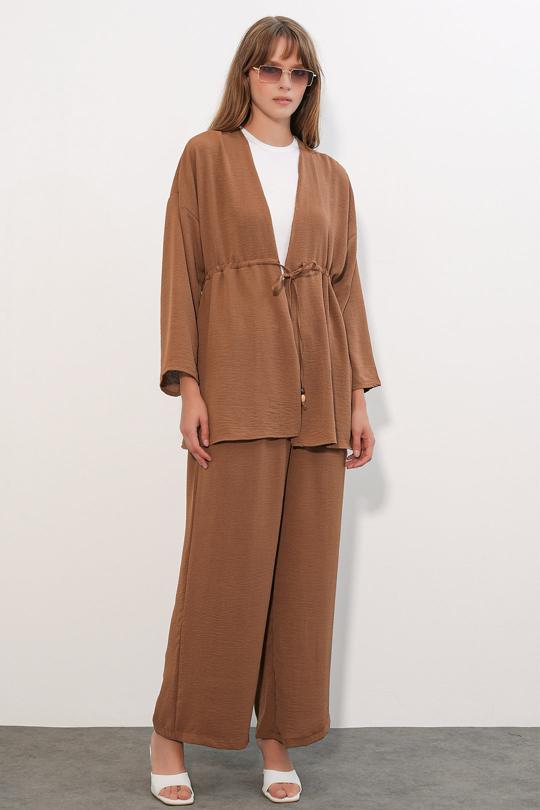 BGD Women Kadın Ayrobin Kimono Pantolon İkili Takım 30101 - Taba - Oldham