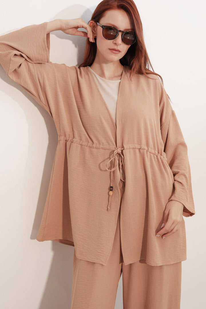 BGD Women Kadın Ayrobin Kimono Pantolon İkili Takım 30101 - Vizon - Fasano