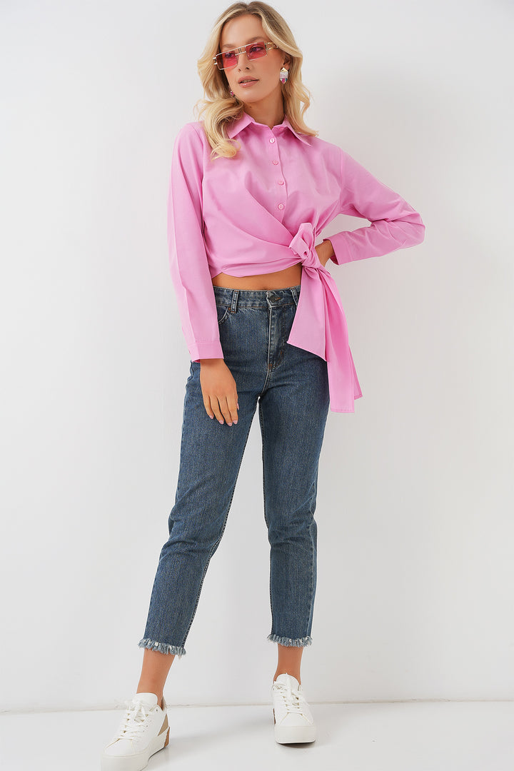 BGD Women Woman Tied Long Sleeve Shirt 20325 - Pink - Tinley Park