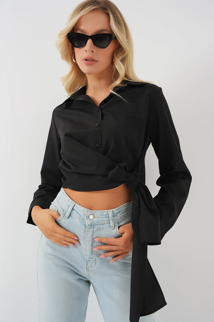 BGD Women Woman Tied Long Sleeve Shirt 20325 - Black - Trieste