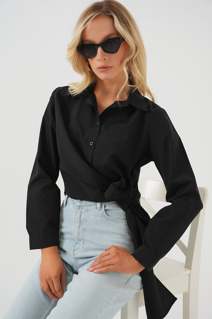 BGD Women Woman Tied Long Sleeve Shirt 20325 - Black - Trieste