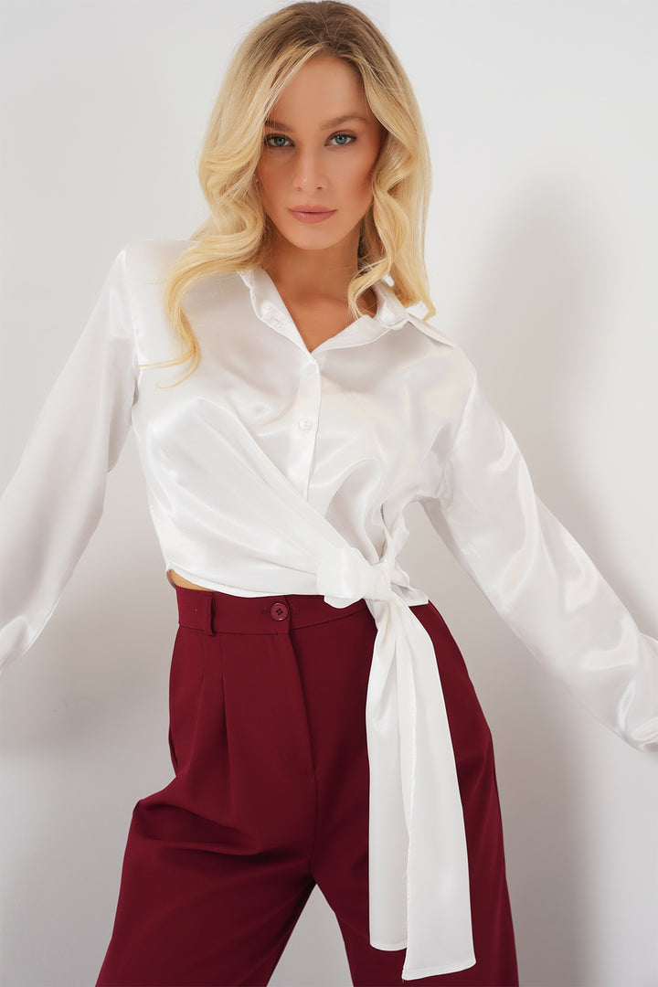 BGD Women Woman Tied Long Sleeve Satin Shirt 20287 - White - Laredo