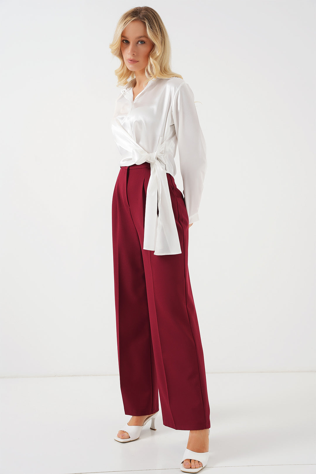 BGD Women Woman Tied Long Sleeve Satin Shirt 20287 - White - Laredo