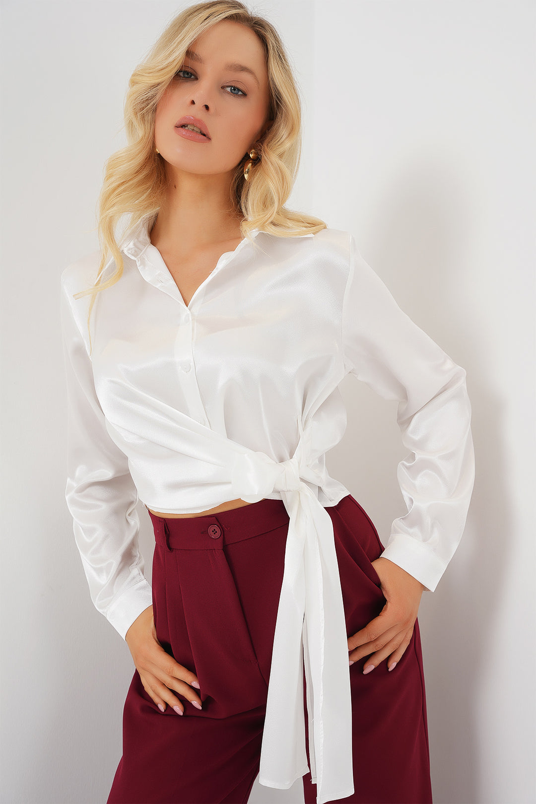 BGD Women Woman Tied Long Sleeve Satin Shirt 20287 - White - Laredo