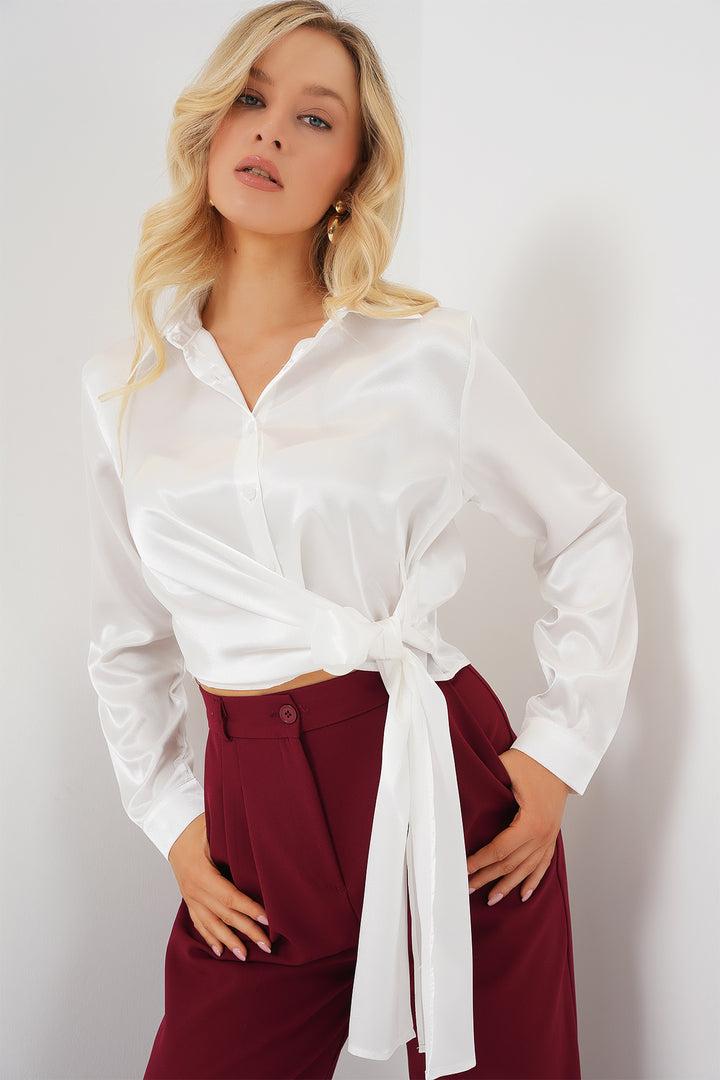 BGD Women Woman Tied Long Sleeve Satin Shirt 20287 - White - Laredo
