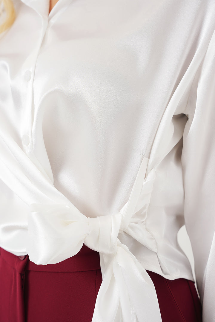 BGD Women Woman Tied Long Sleeve Satin Shirt 20287 - White - Laredo