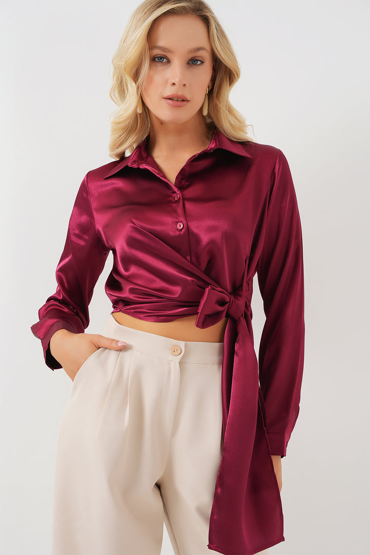 BGD Women Woman Tied Long Sleeve Satin Shirt 20287 - Burgundy - Grimsby