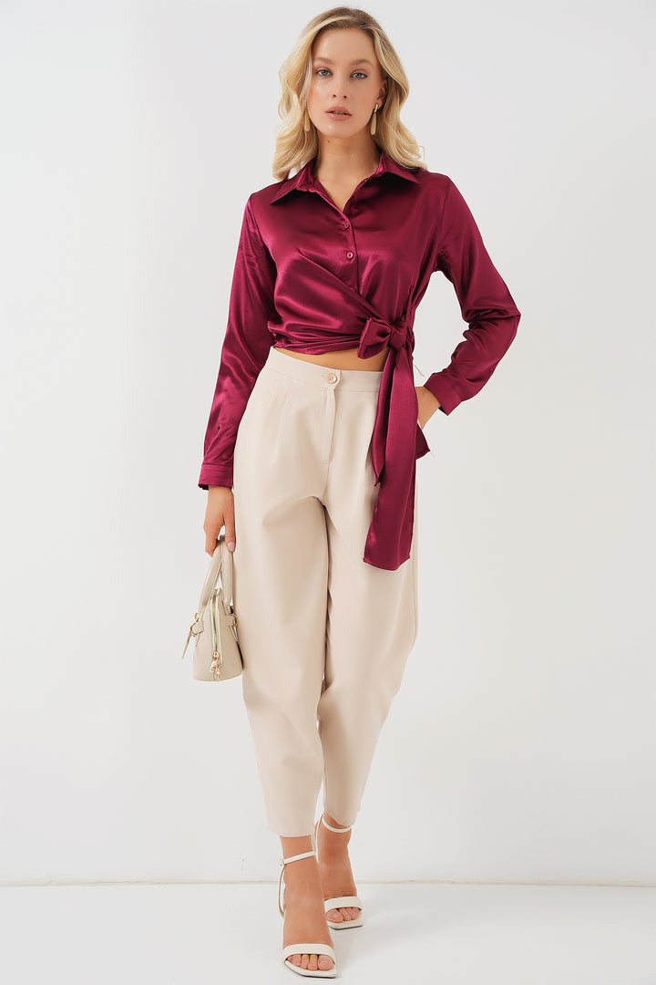 BGD Women Woman Tied Long Sleeve Satin Shirt 20287 - Burgundy - Grimsby