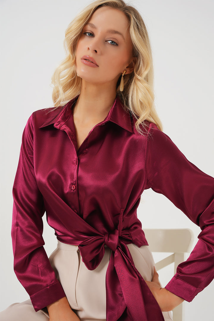 BGD Women Woman Tied Long Sleeve Satin Shirt 20287 - Burgundy - Grimsby