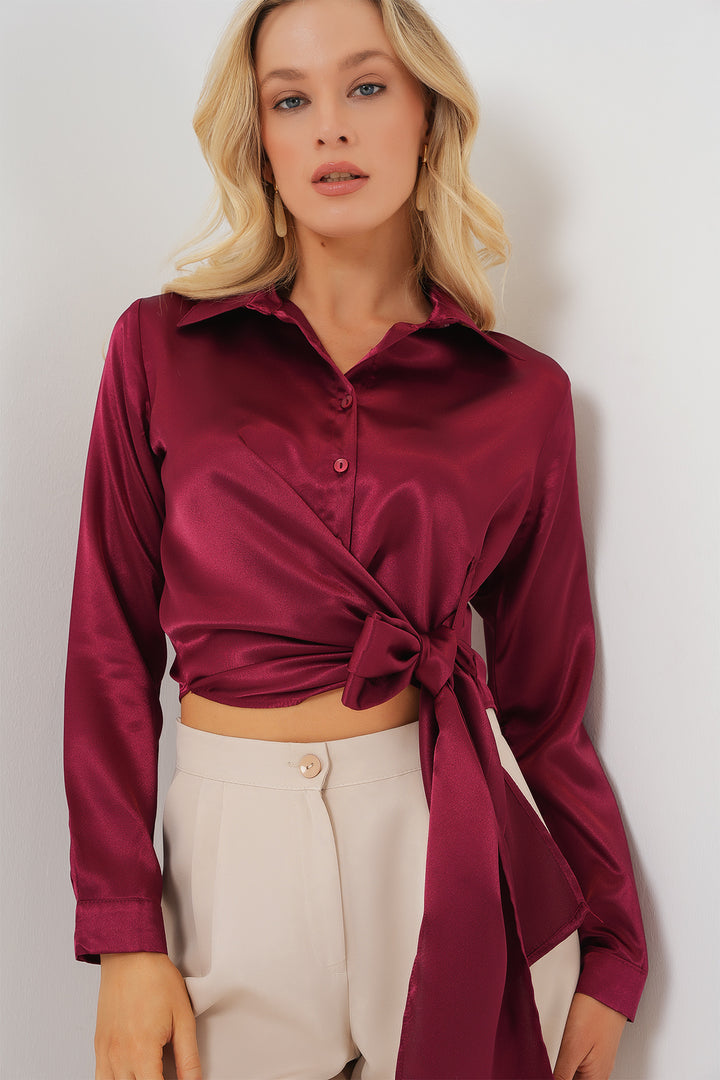 BGD Women Woman Tied Long Sleeve Satin Shirt 20287 - Burgundy - Grimsby
