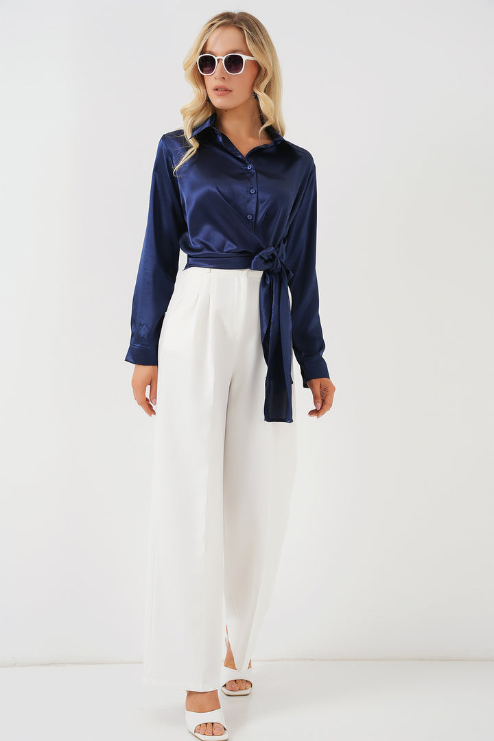 BGD Women Woman Tied Long Sleeve Satin Shirt 20287 - Navy Blue - Lewiston