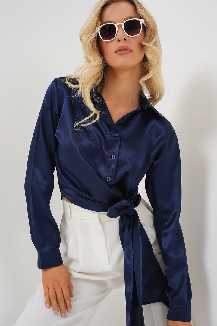 BGD Women Woman Tied Long Sleeve Satin Shirt 20287 - Navy Blue - Lewiston