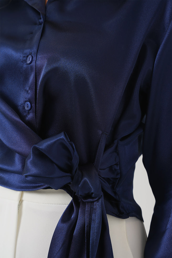 BGD Women Woman Tied Long Sleeve Satin Shirt 20287 - Navy Blue - Lewiston