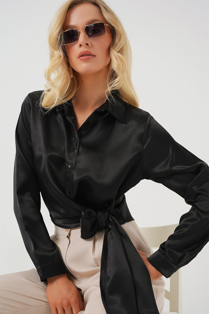 BGD Women Woman Tied Long Sleeve Satin Shirt 20287 - Black - Bay City