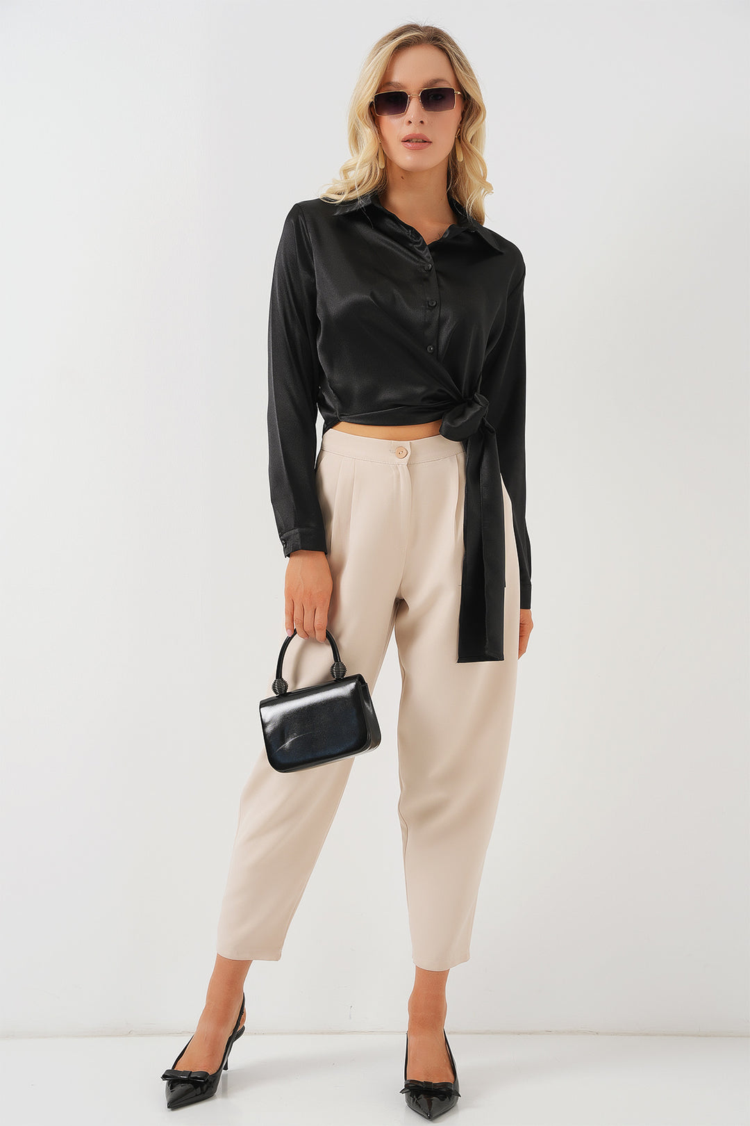 BGD Women Woman Tied Long Sleeve Satin Shirt 20287 - Black - Bay City
