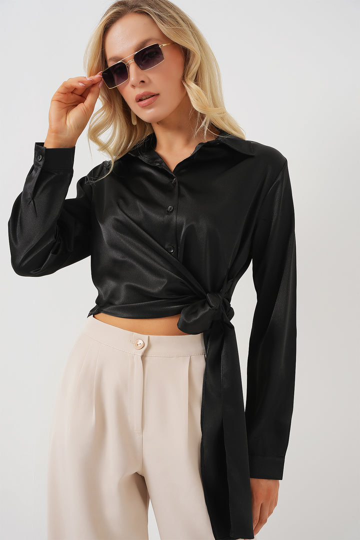 BGD Women Woman Tied Long Sleeve Satin Shirt 20287 - Black - Bay City