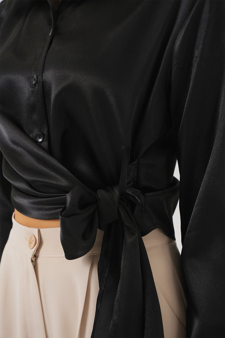 BGD Women Woman Tied Long Sleeve Satin Shirt 20287 - Black - Bay City