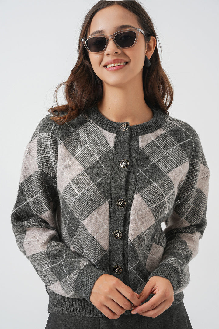 BGD Women Woman Patterned Buttoned Cardigan 15927 - Anthracite - Stralsund