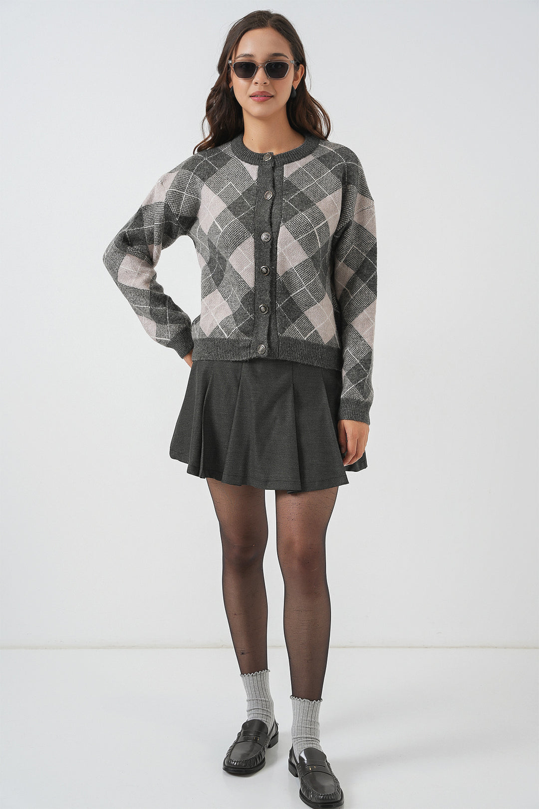 BGD Women Woman Patterned Buttoned Cardigan 15927 - Anthracite - Stralsund