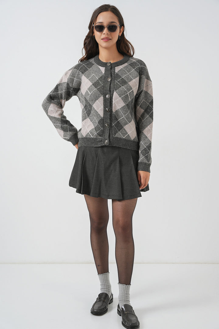 BGD Women Woman Patterned Buttoned Cardigan 15927 - Anthracite - Stralsund