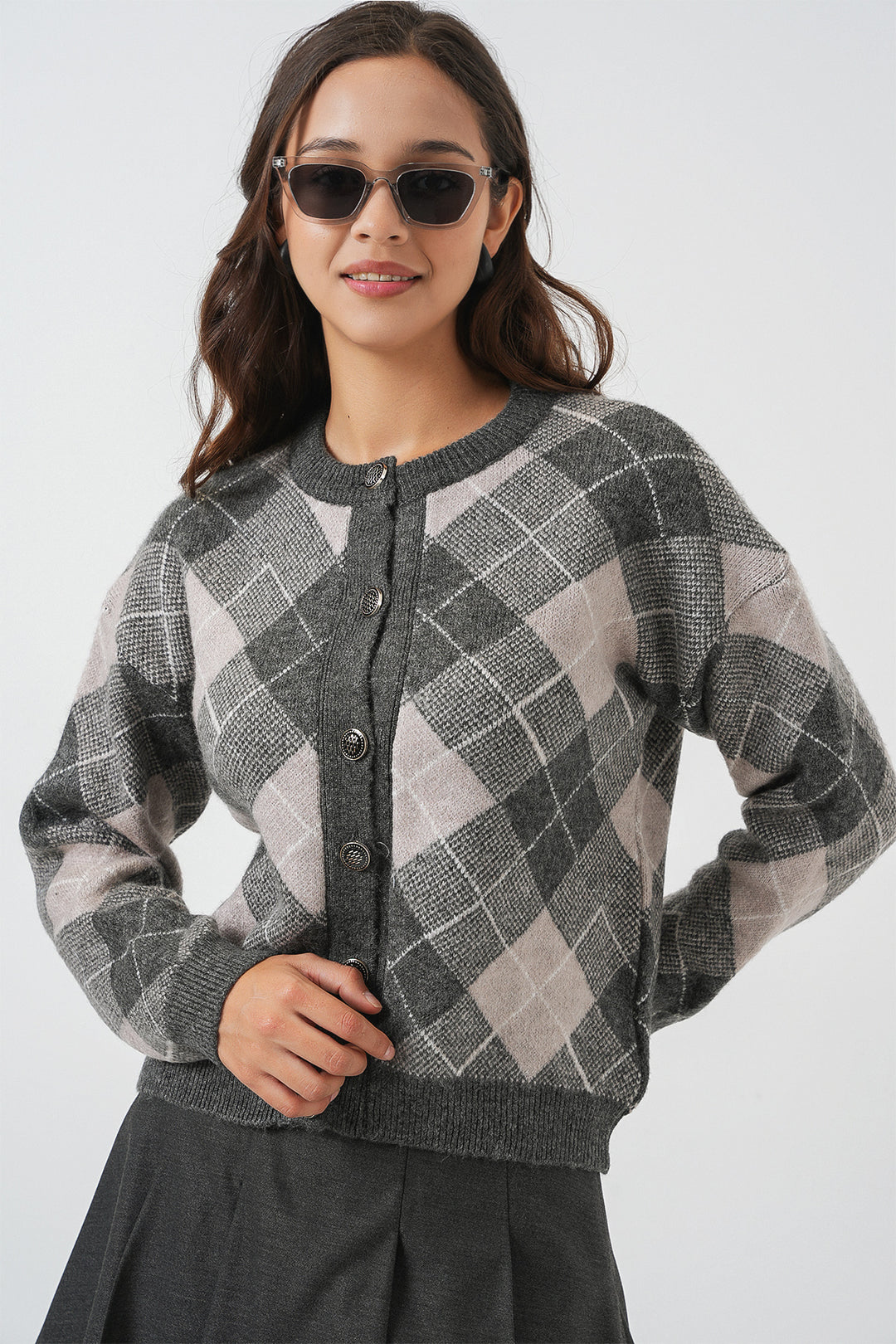 BGD Women Woman Patterned Buttoned Cardigan 15927 - Anthracite - Stralsund