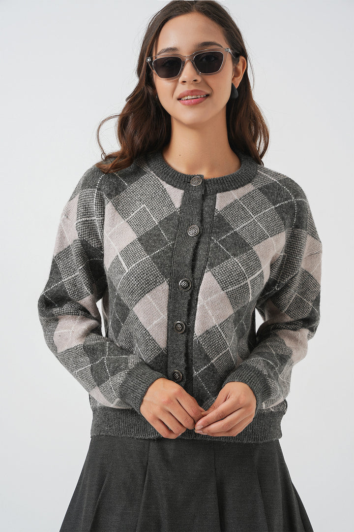 BGD Women Woman Patterned Buttoned Cardigan 15927 - Anthracite - Stralsund