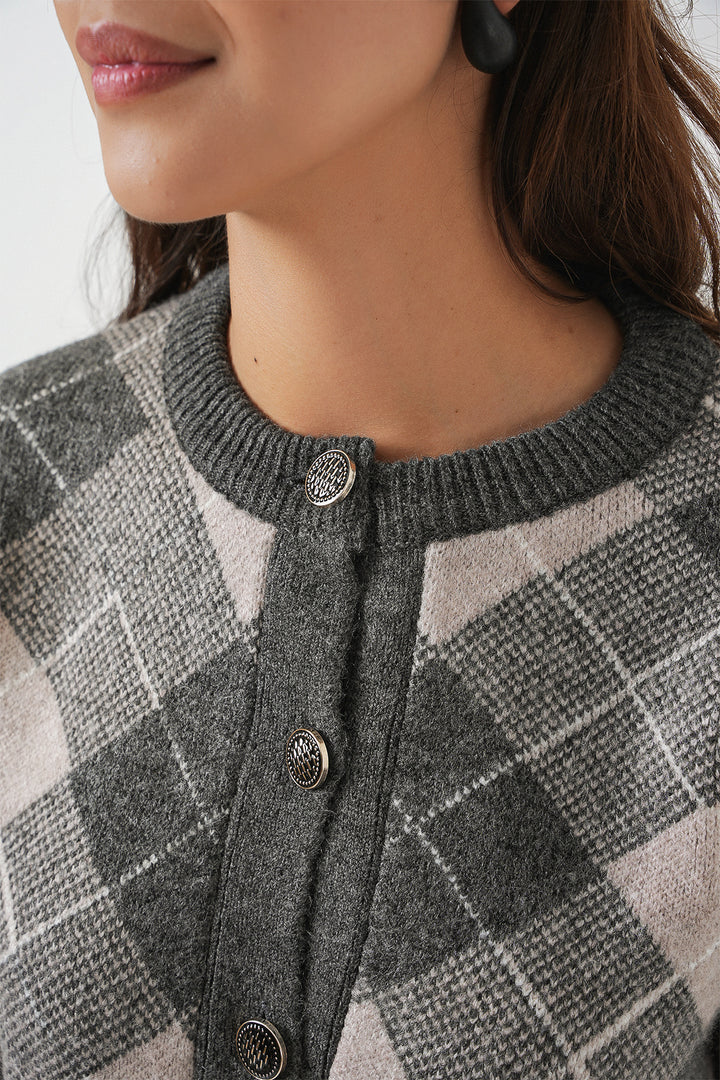 BGD Women Woman Patterned Buttoned Cardigan 15927 - Anthracite - Stralsund