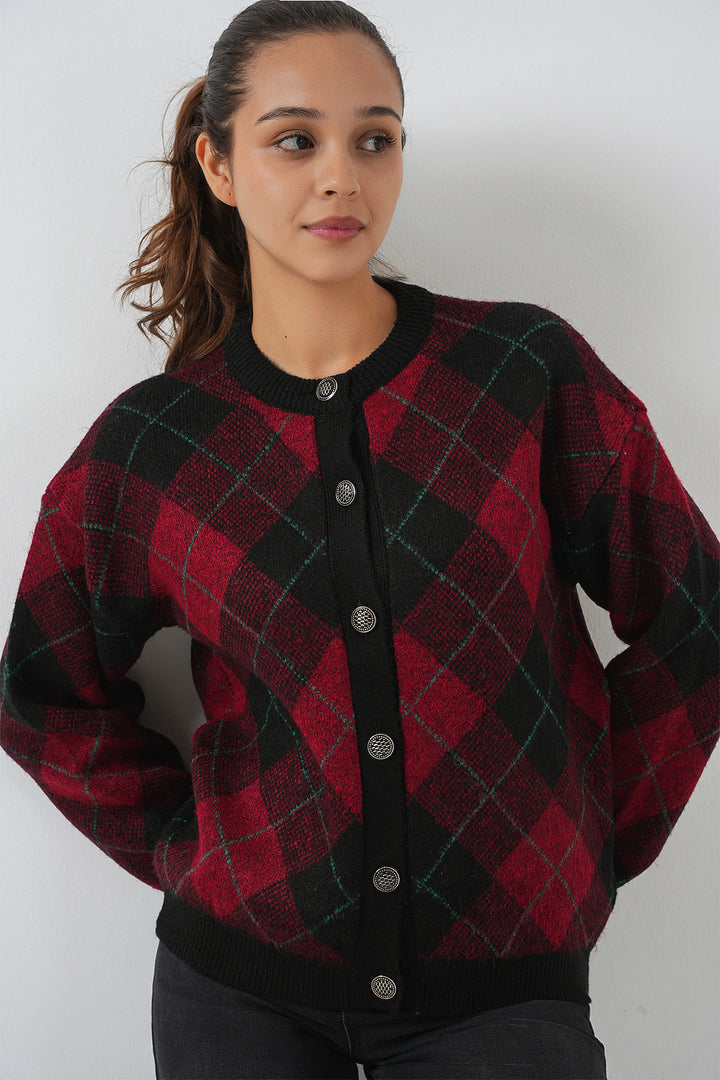 BGD Women Woman Patterned Buttoned Cardigan 15927 - Burgundy - Barendrecht