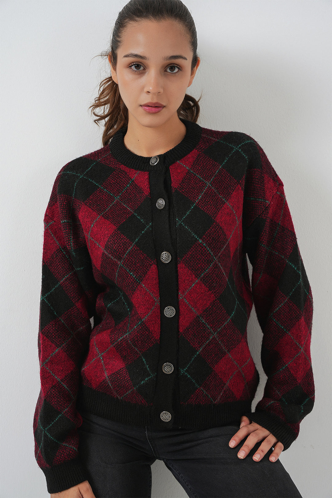 BGD Women Woman Patterned Buttoned Cardigan 15927 - Burgundy - Barendrecht