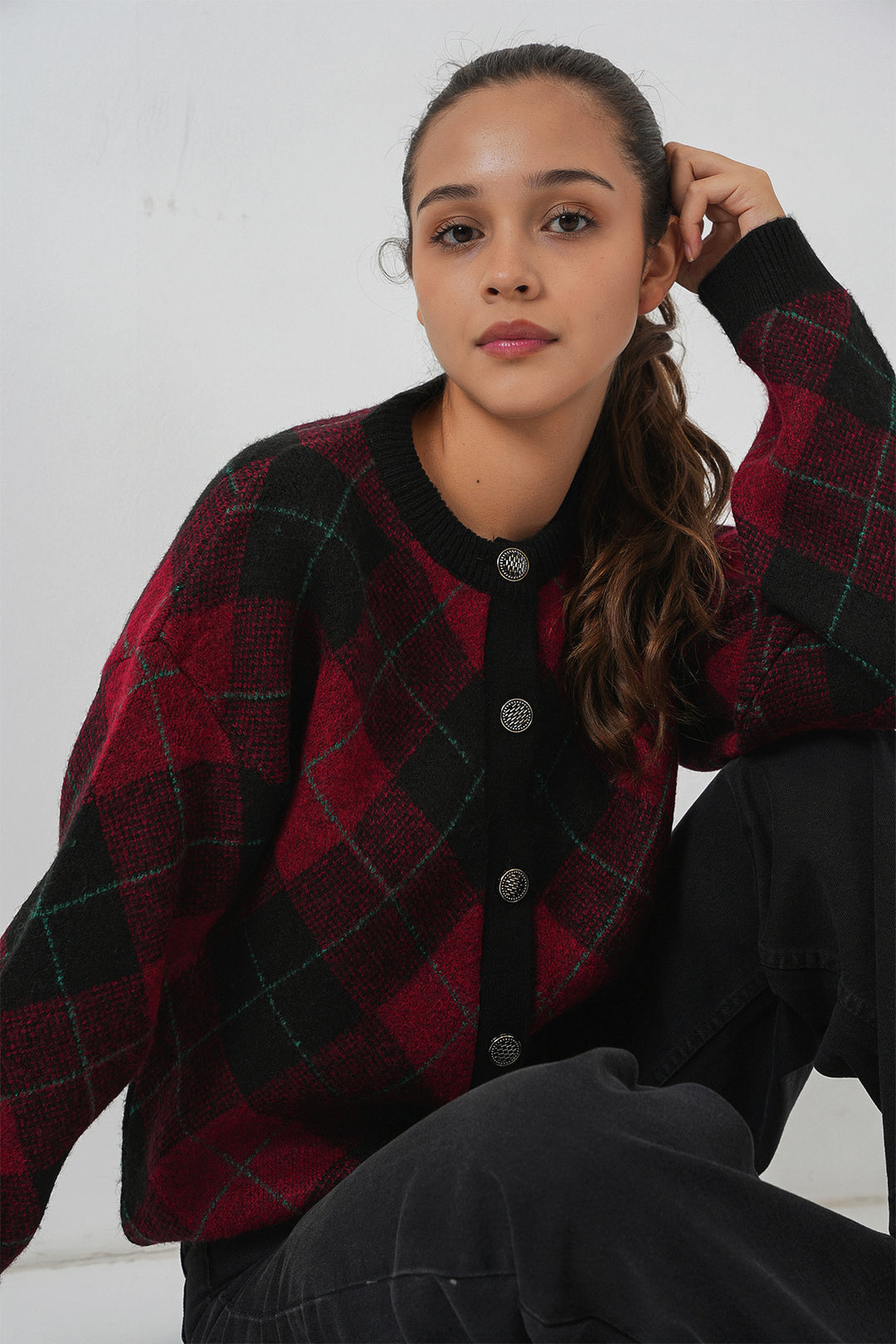 BGD Women Woman Patterned Buttoned Cardigan 15927 - Burgundy - Barendrecht