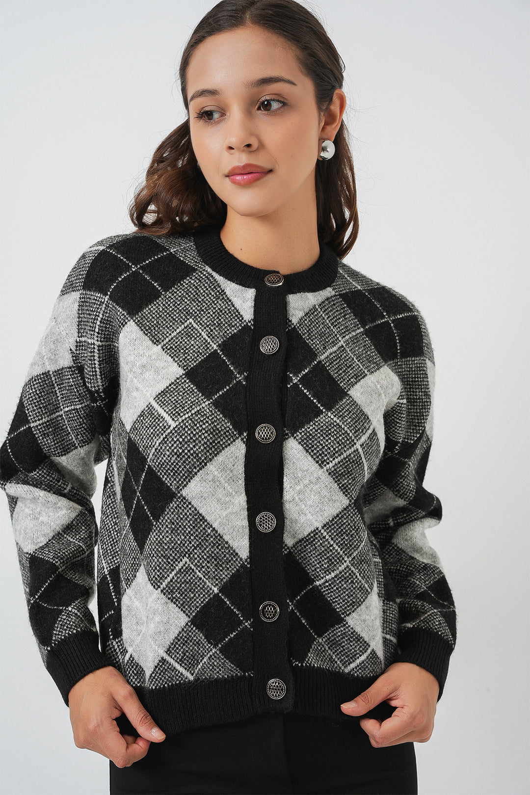 BGD Women Woman Patterned Buttoned Cardigan 15927 - Black - Michigan City