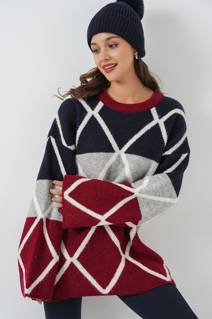 BGD Women Woman Baklava Patterned Oversized Long Sweater 15931 - Burgundy - Troy