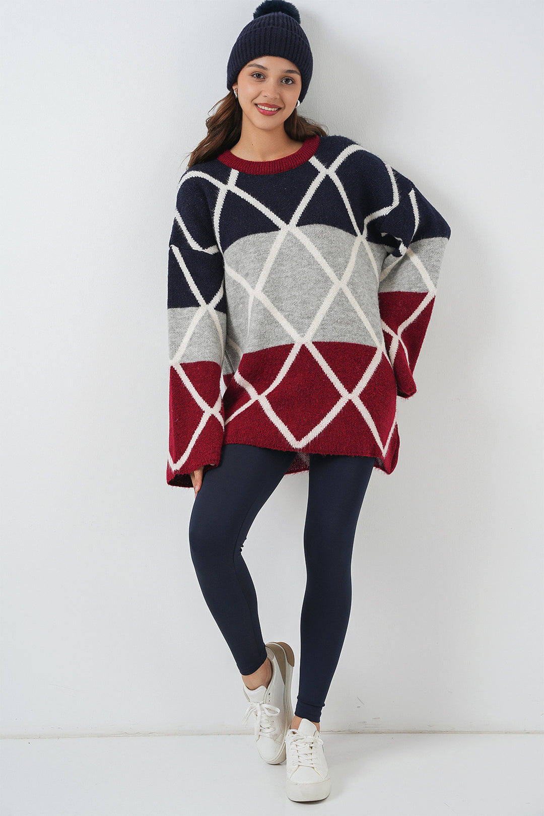BGD Women Woman Baklava Patterned Oversized Long Sweater 15931 - Burgundy - Troy