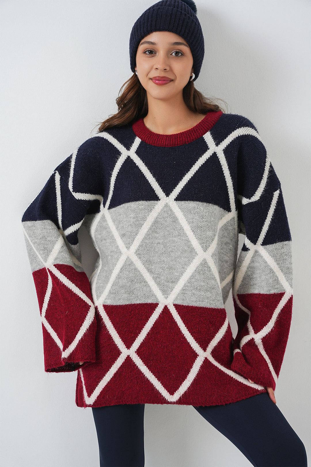 BGD Women Woman Baklava Patterned Oversized Long Sweater 15931 - Burgundy - Troy