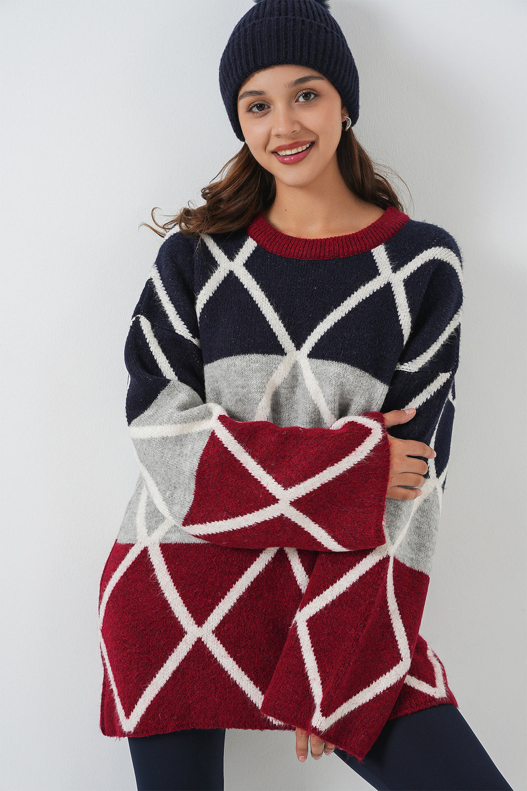 BGD Women Woman Baklava Patterned Oversized Long Sweater 15931 - Burgundy - Troy
