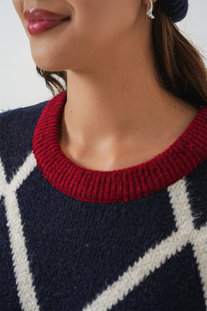 BGD Women Woman Baklava Patterned Oversized Long Sweater 15931 - Burgundy - Troy