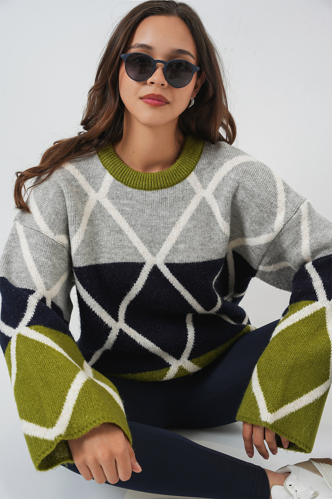 BGD Women Woman Baklava Patterned Oversized Long Sweater 15931 - Dark Green - Pabellón de Arteaga