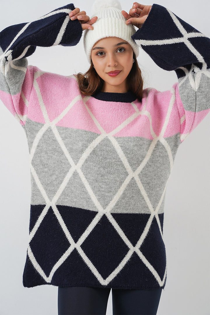 BGD Women Woman Baklava Patterned Oversized Long Sweater 15931 - Navy Blue - Pontevedra