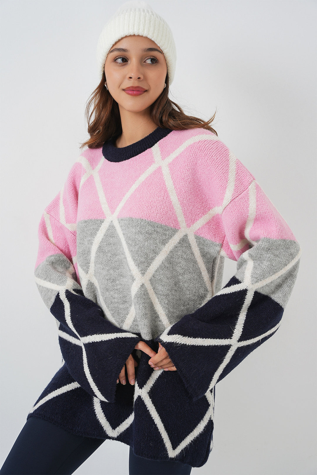 BGD Women Woman Baklava Patterned Oversized Long Sweater 15931 - Navy Blue - Pontevedra