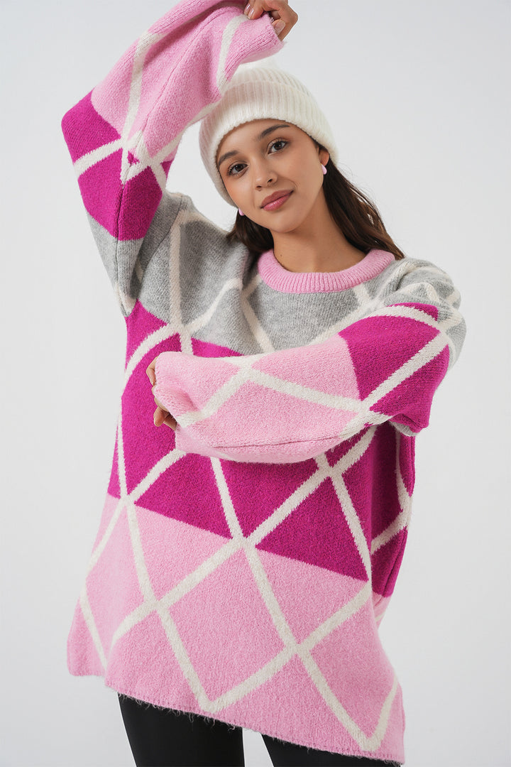 BGD Women Woman Baklava Patterned Oversized Long Sweater 15931 - Pink - Hempstead