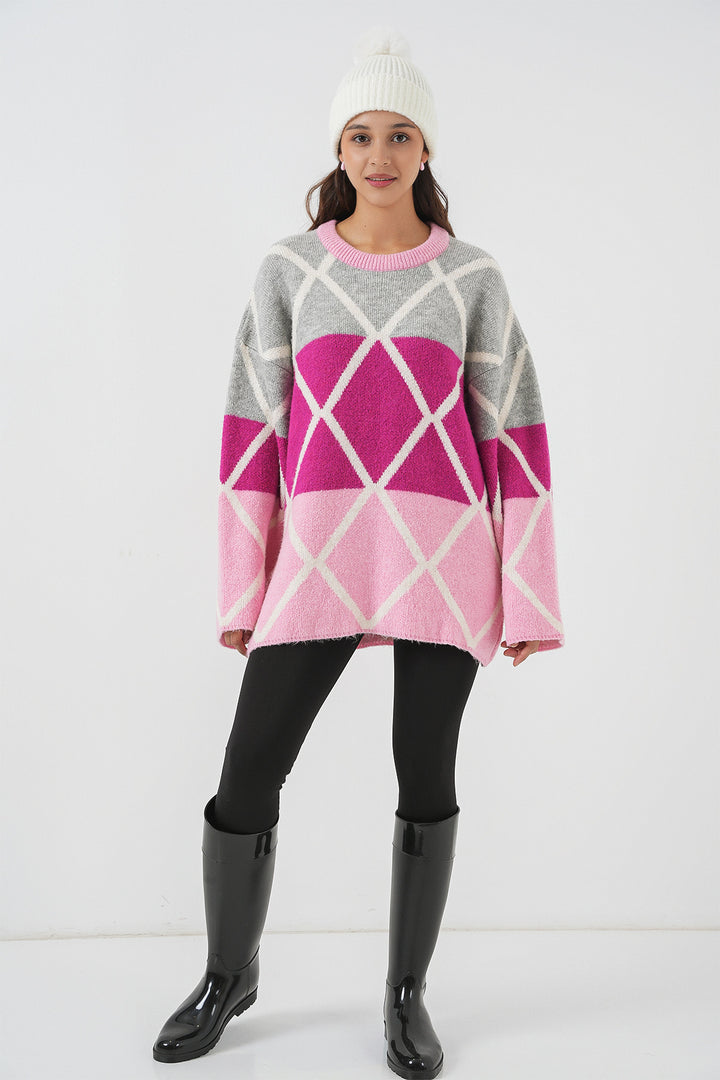 BGD Women Woman Baklava Patterned Oversized Long Sweater 15931 - Pink - Hempstead