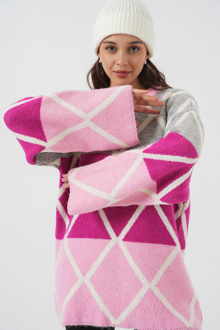 BGD Women Woman Baklava Patterned Oversized Long Sweater 15931 - Pink - Hempstead