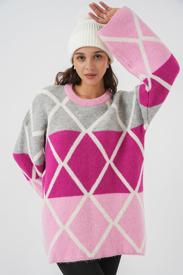 BGD Women Woman Baklava Patterned Oversized Long Sweater 15931 - Pink - Hempstead